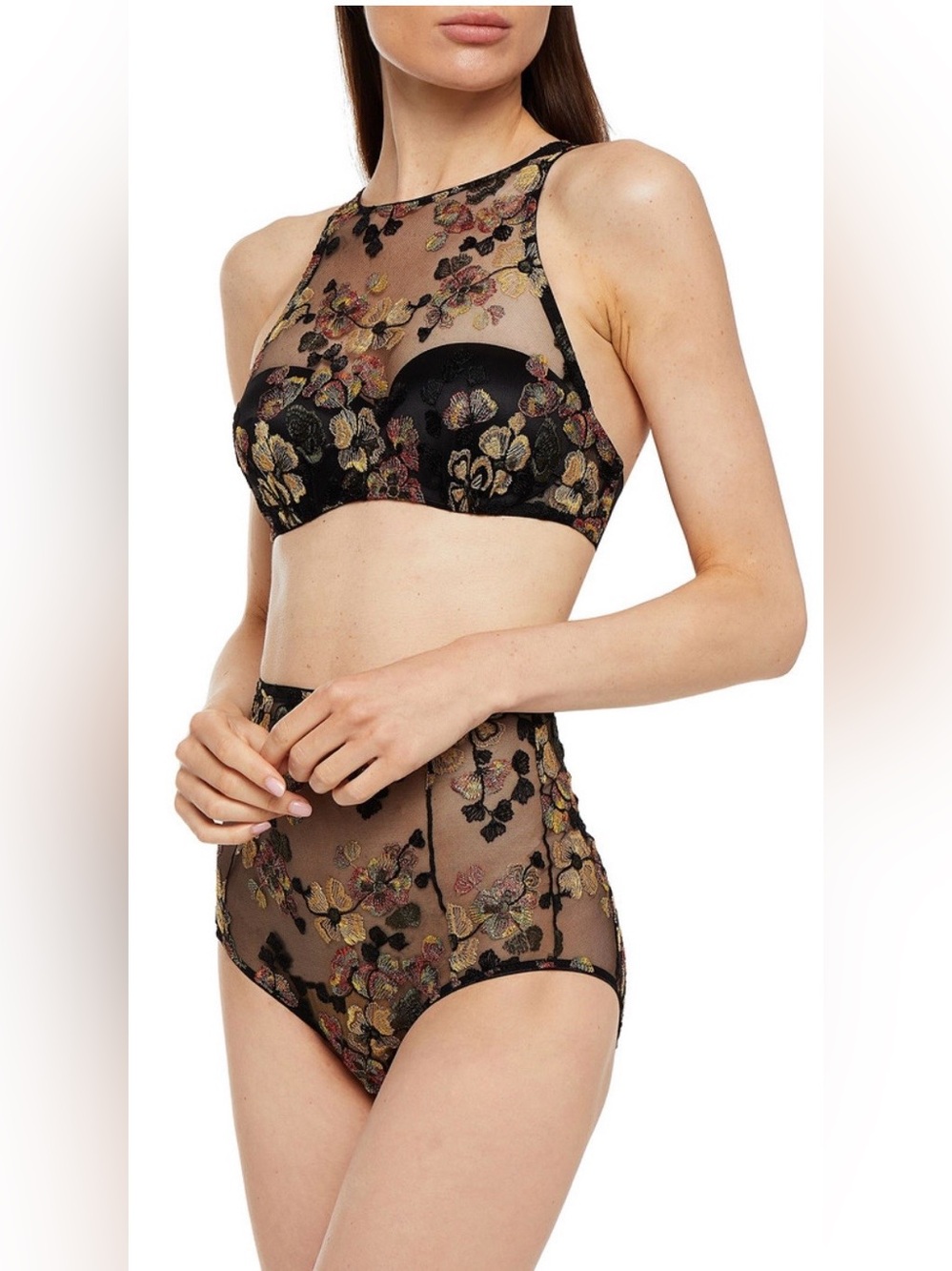 I.D. Sarrieri Embroidered High-Neck Bralette- Black/Gold Sz 36 C